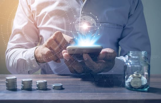 Online Banking And Internet Banking Savings Concept, Online Investment Savings, Online Stock Investors, Internet Financial Transactions, Save Monney for Investors Using Internet to Trade Stocks or Trade Fund, Vintage style