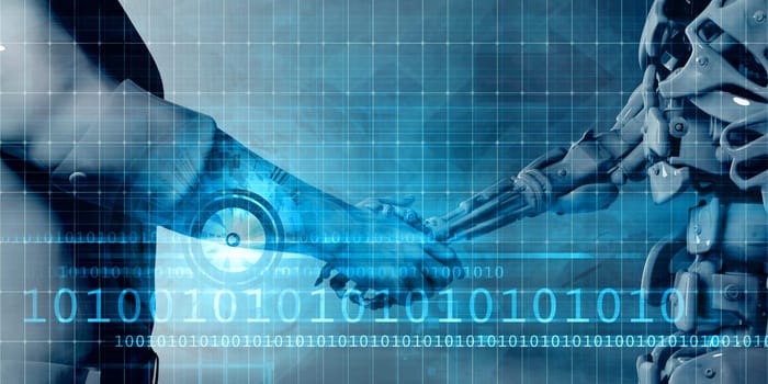 Man and Machine Robot Hand Handshake as Tech Concept