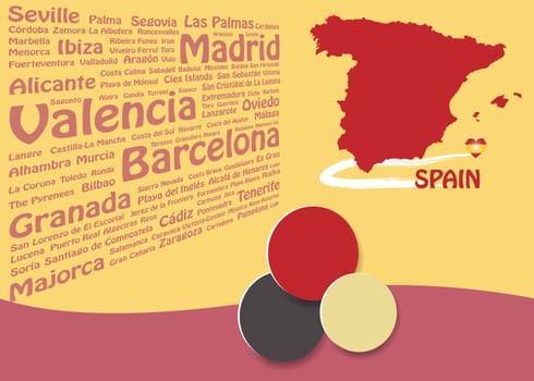 Travel to Spain concept with map of Spain. Names of the most famous destinations forms background.