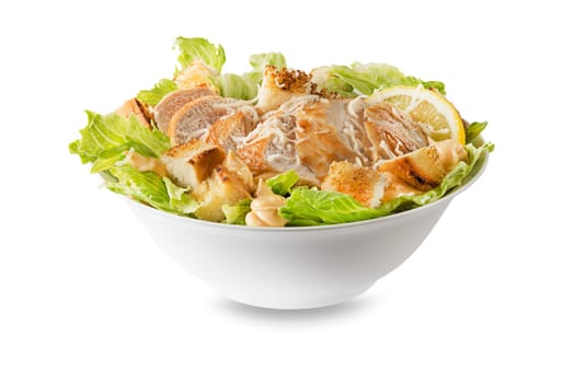 Chicken Salad. Chicken Caesar Salad. Caesar Salad with grilled chicken and croutons. Grilled chicken breast and fresh green salad isolated on white