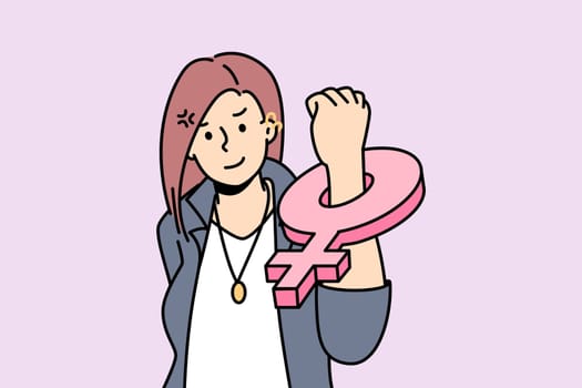 Young female feminist with female symbol on fist stand for feminism and women rights. Concept of international day of elimination of violence against woman. Vector illustration.
