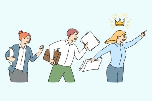 Employees following female leader reach shared business goals and success. People involved in teamwork strive for company accomplishment. Leadership. Vector illustration.