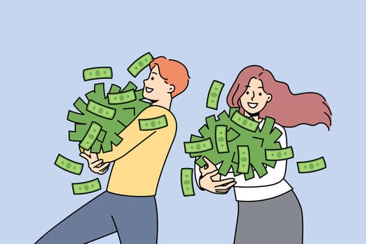 Happy people with cash stack excited about win or victory. Overjoyed man and woman with money piles celebrate lottery luck. Wealth and success. Vector illustration.