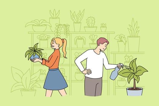 Happy couple take care of house plants. Man and woman plant and water house plants in home garden. Botany and hobby concept. Vector illustration.