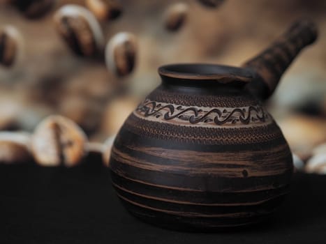 Clay coffee turk, brown background, close-up. High quality photo