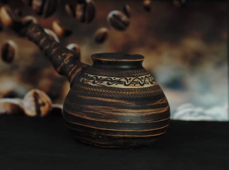 Clay coffee turk, brown background, close-up. High quality photo