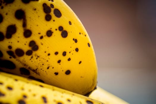 Closeup of banana ripening stage with spots, sweet flavor, perfect for blender drinks an baking