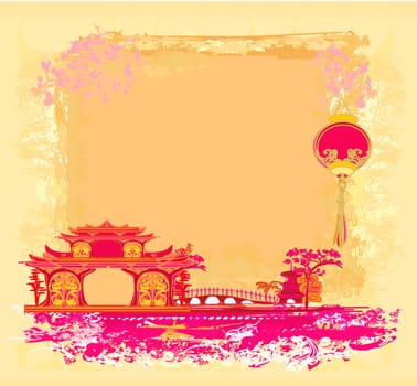 old paper with Asian Landscape and Chinese Lanterns - vintage japanese style background