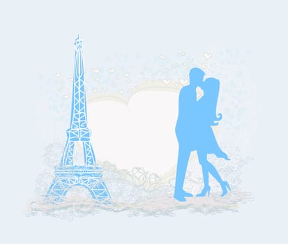 Romantic couple in Paris kissing near the Eiffel Tower Retro card