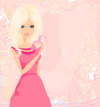 young woman spraying perfume on herself