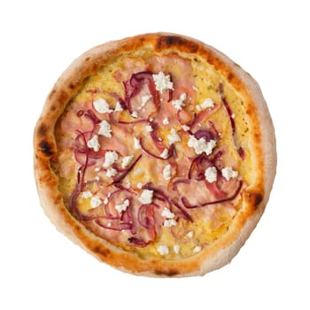 Pizza isolated on a white background. Creamy, with toasted bacon, crispy onions, feta cheese and a combination of two more cheeses.