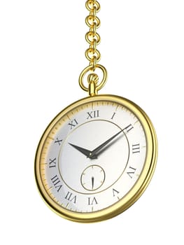 Shiny gold pocket watch with chain, isolated on white background