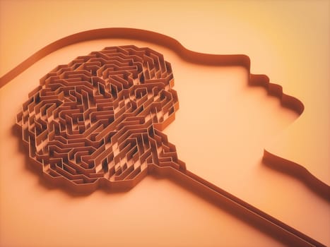 3D illustration, brain shaped maze. Concept image of study and brain behavior.
