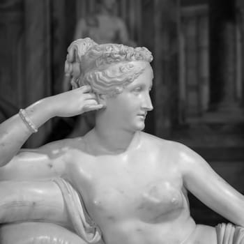ROME, ITALY - AUGUST 24, 2018: detail of Antonio Canova's Statue of Pauline Bonaparte, his masterpiece located in Villa Borghese