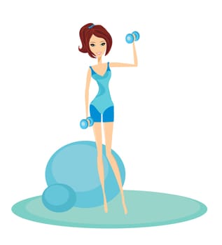 fit brunette woman exercising with two dumbbell weights on her hands