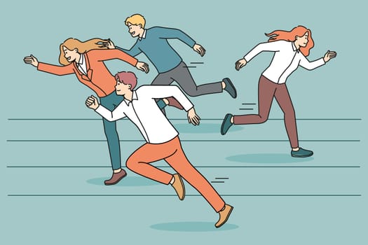 Weak woman employee refuse compete in race with colleagues or coworkers. Unmotivated female surrender from contest, fail quit life competition or game. Loser. Vector illustration.