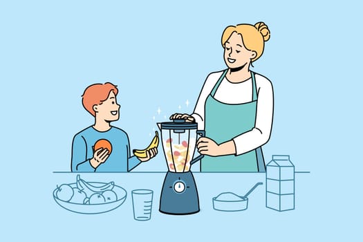 Smiling mother and small son make healthy fruit smoothie in blender at home kitchen. Happy mom and child prepare nutrition drink or juice. Vitamin eating and vegetarian. Vector illustration.