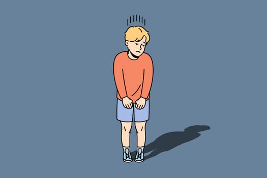Unhappy small boy child feel insecure and lonely. Upset little kid suffer from loneliness or solitude, lack communication. Children problem. Vector illustration.