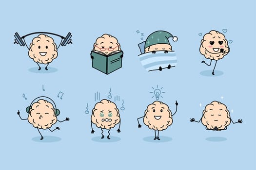 Set of diverse funny human brain icons do daily routine activities. Collection of funny mind train, sleep and dance. Mental intellectual activity and development. Vector illustration.