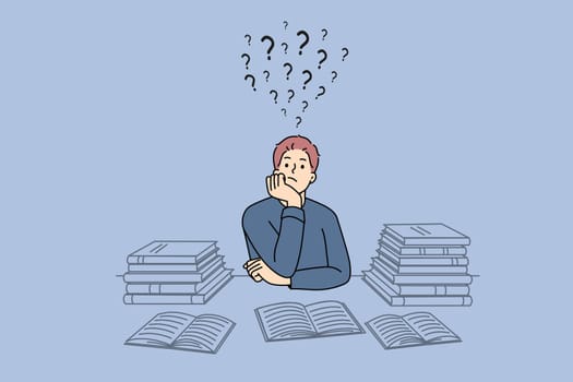 Pensive guy suit at desk studying thinking or pondering of problems finding solution. Thoughtful man with books feel frustrated daydreaming or planning. Dilemma. Vector illustration.