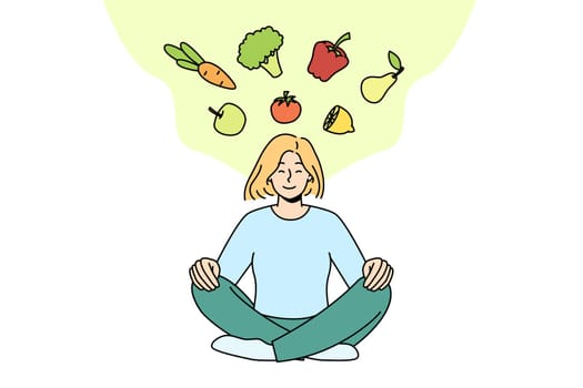 Calm young woman meditating thinking of healthy eating. Happy girl in lotus pose go vegetarian and diet. Eco and organic products. Vector illustration.