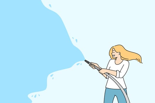 Happy woman watering with hose during summer activity festival. Smiling female have fun splashing water. Summer seasonal time. Vector illustration.