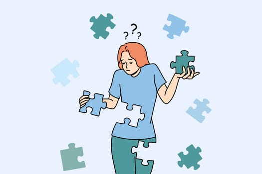 Confused young woman with jigsaw puzzles rebuild personality or identity. Frustrated unhappy girl recover from depression or mental psychological problems. Rehabilitation. Vector illustration.