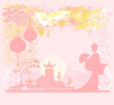 old paper with Asian Landscape and Chinese Lanterns - vintage japanese style background