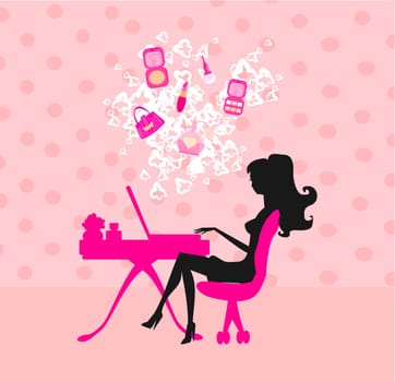 Online shopping - young smiling woman sitting with laptop compute