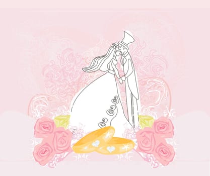 elegant wedding invitation with rings and wedding couple
