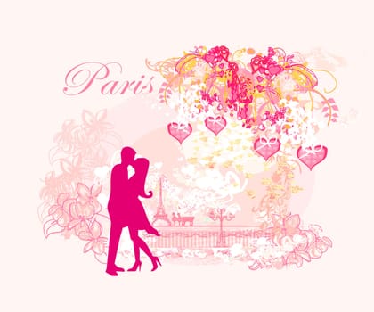 Romantic couple in Paris kissing near the Eiffel Tower Retro card