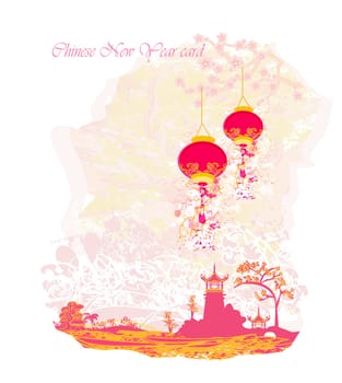 old paper with Asian Landscape and Chinese Lanterns - vintage japanese style background