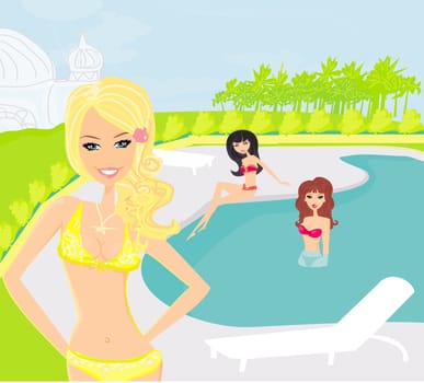 vector image of girls and tropical pool
