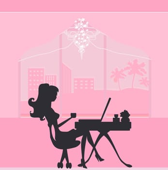 Online shopping - young smiling woman sitting with laptop compute