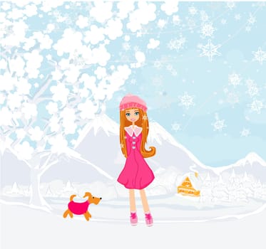 winter girl and her dog
