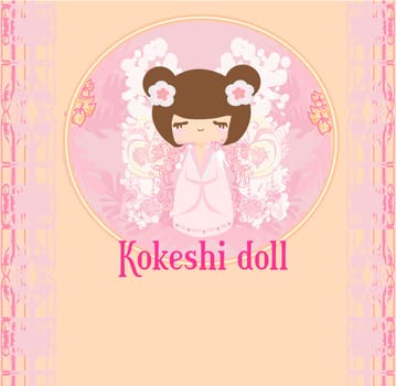 Kokeshi doll on the pink background with floral ornament
