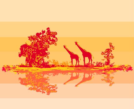 grunge background with African fauna and flora