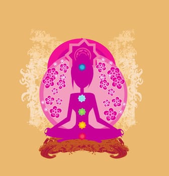 Yoga lotus pose. Padmasana with colored chakra points.