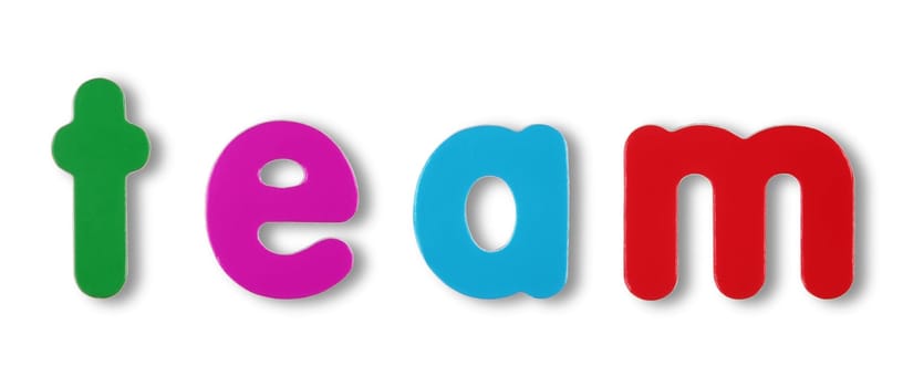 Team coloured magnetic letters on white with clipping path to remove shadow