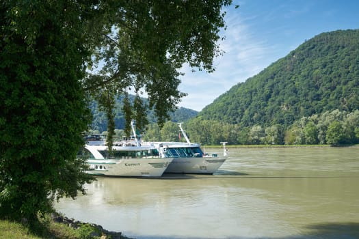 Cruise ships on the Danube at a mooring near Duernstein in Austria
