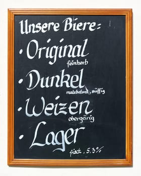 Beer varieties of a brewery in Wittenberg in Germany. Translation: our beers, original, dark, wheat, lager