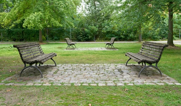 Park benches in the park on Magnus Hirschfeld Ufer in Berlin