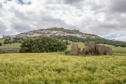 Magacela town. View from Dolmen of Cerca del Marco, Extremadura. Spain