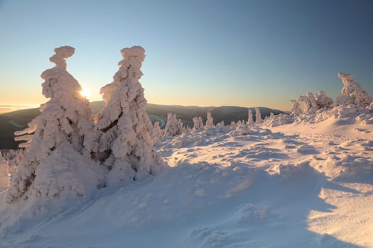 Winter scenery of the Sudetes Mountains on the Polish-Czech border during sunrise