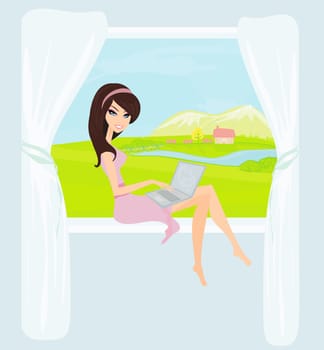 Online shopping - young smiling woman sitting with laptop compute