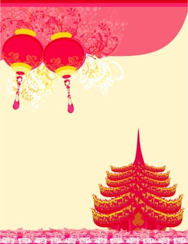 old paper with Asian Landscape and Chinese Lanterns - vintage japanese style background