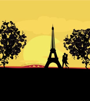 Romantic couple in Paris kissing near the Eiffel Tower Retro cart