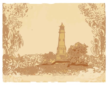 lighthouse seen from a tiny beach - Grunge Poster