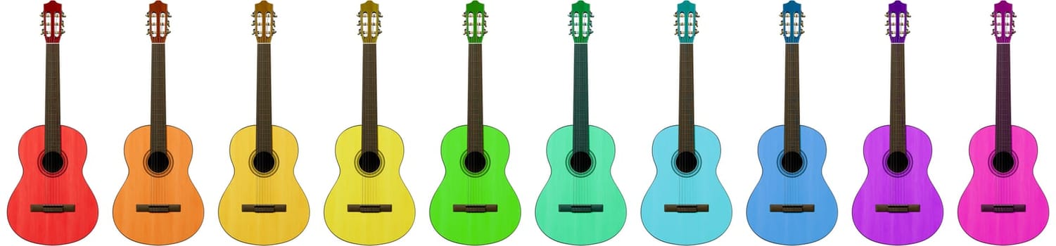 Series of Colorful Classical Guitars Isolated on White Background 3D Render Illustration