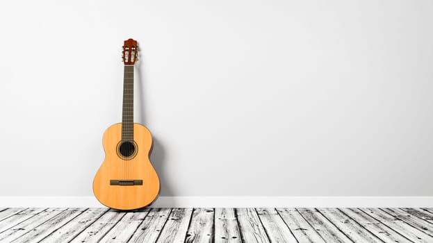 Classical Guitar on Wooden Floor Against a Light Gray Wall with Copy Space 3D Render Illustration